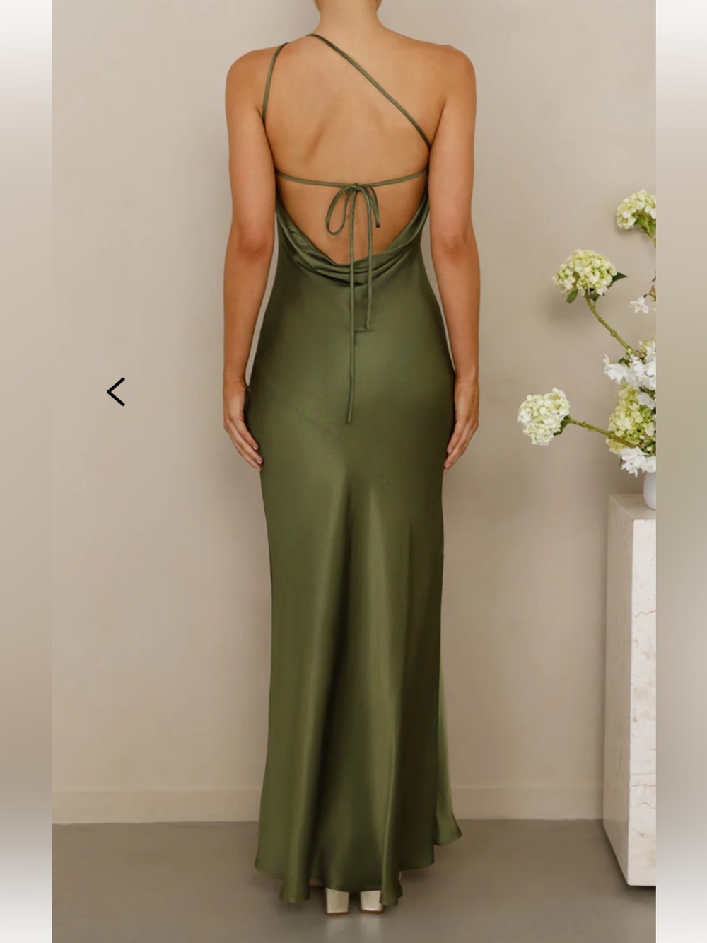Hello Molly The Evangeline One Shoulder Satin Maxi Dress Olive - S - Picture 4 of 6
